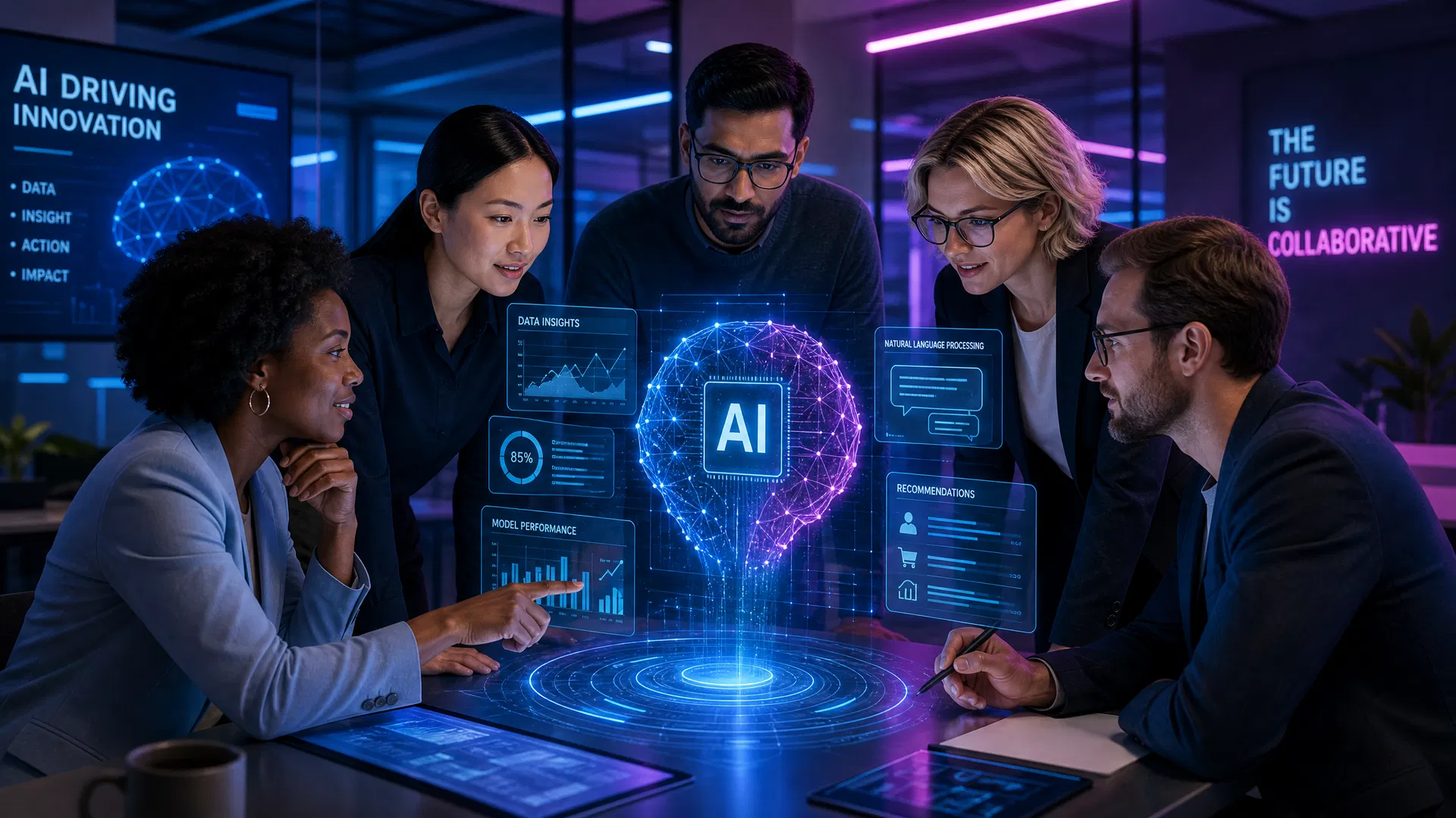 Equipe em reunião estratégica analisando dados e tecnologia.