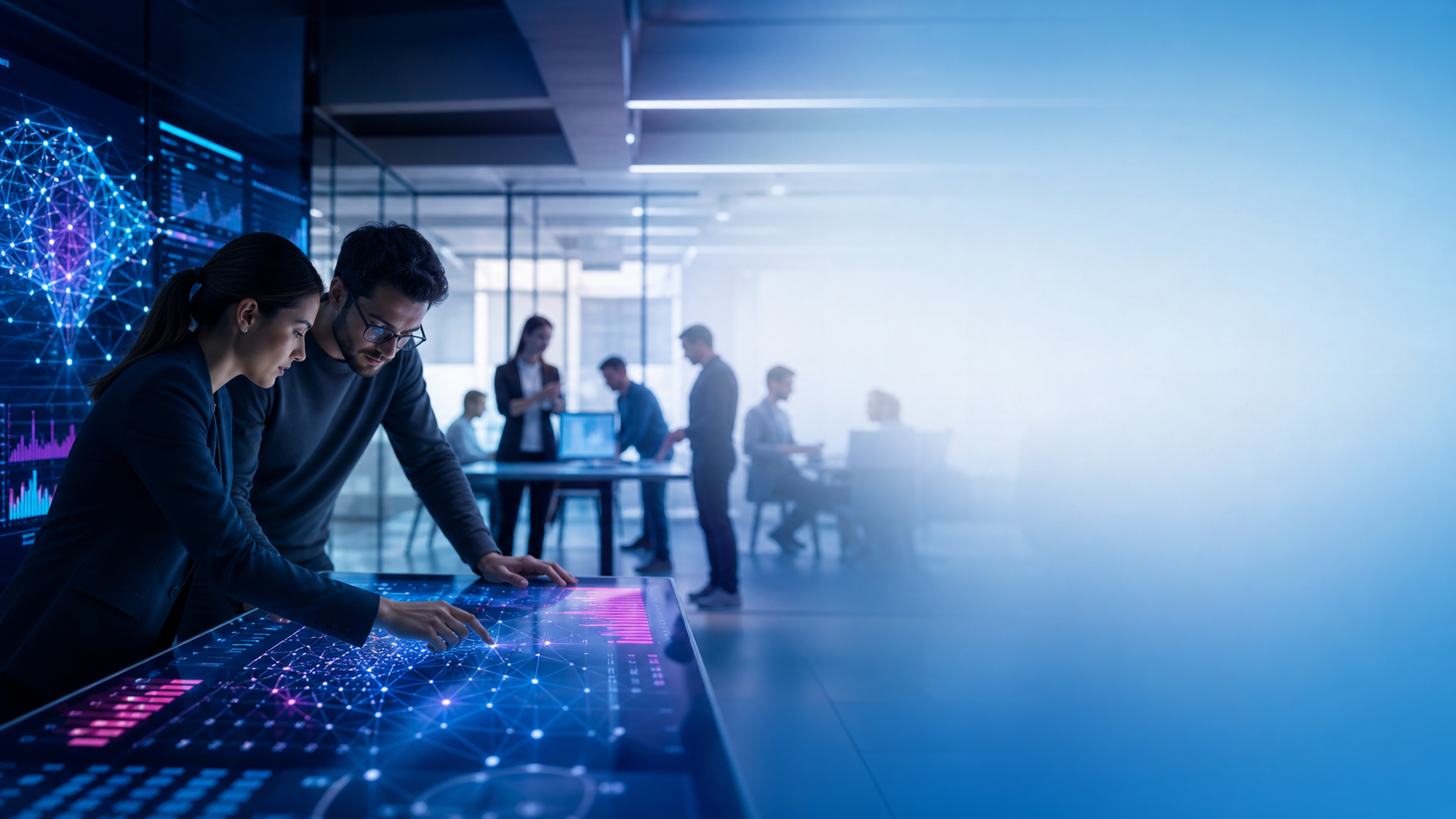 Profissionais analisando dados e dashboards em ambiente corporativo de governança.